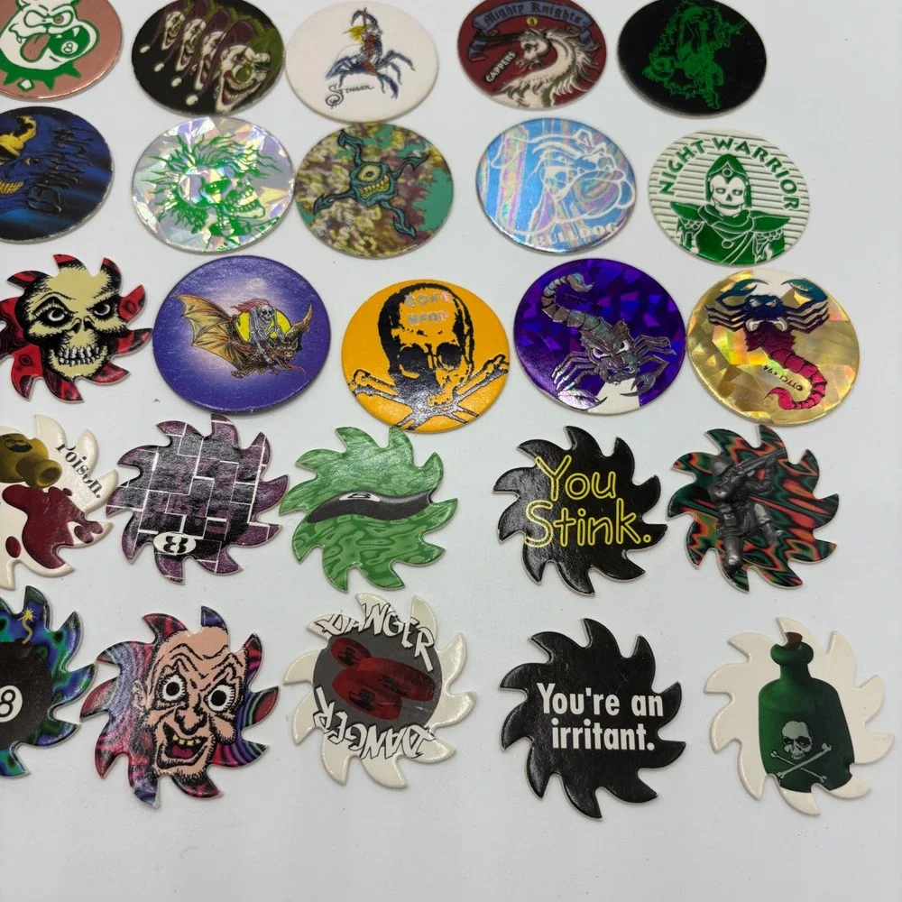 Vintage Pogs & Saw-blade Lot 53pc Skulls Poison 8-Ball 90s Games Good to Great